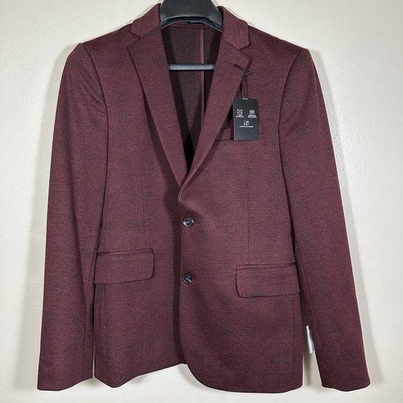 JF J. Ferrar Men's34/36 SH Ultra Comfort Slim Fit Suit Jacket Burgundy Twill